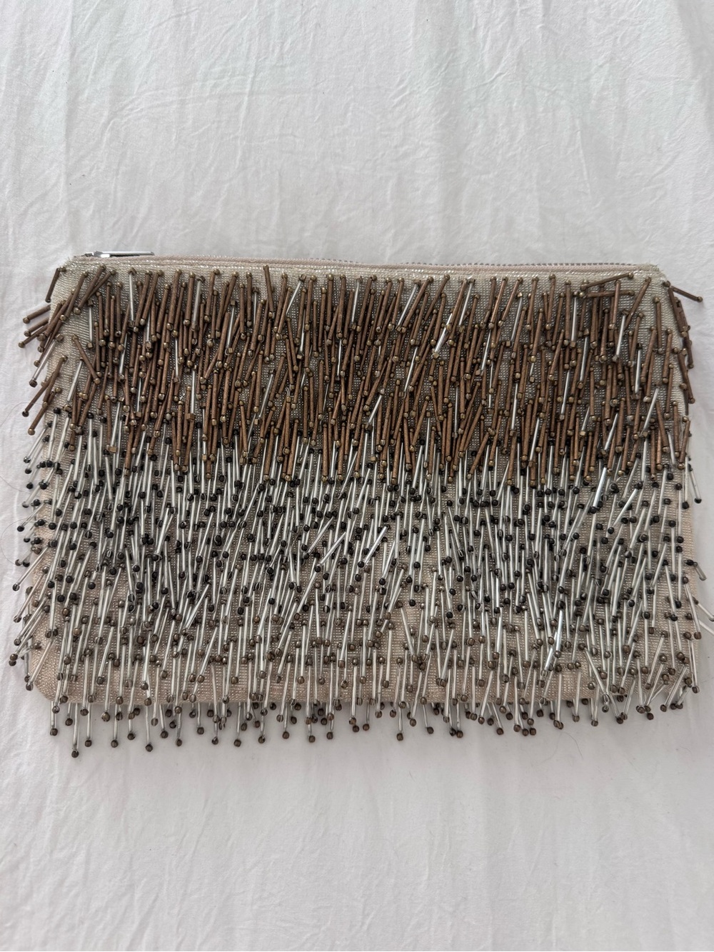 🩶 Embellished Beaded Metallic Fringe Clutch - Silver & Bronze